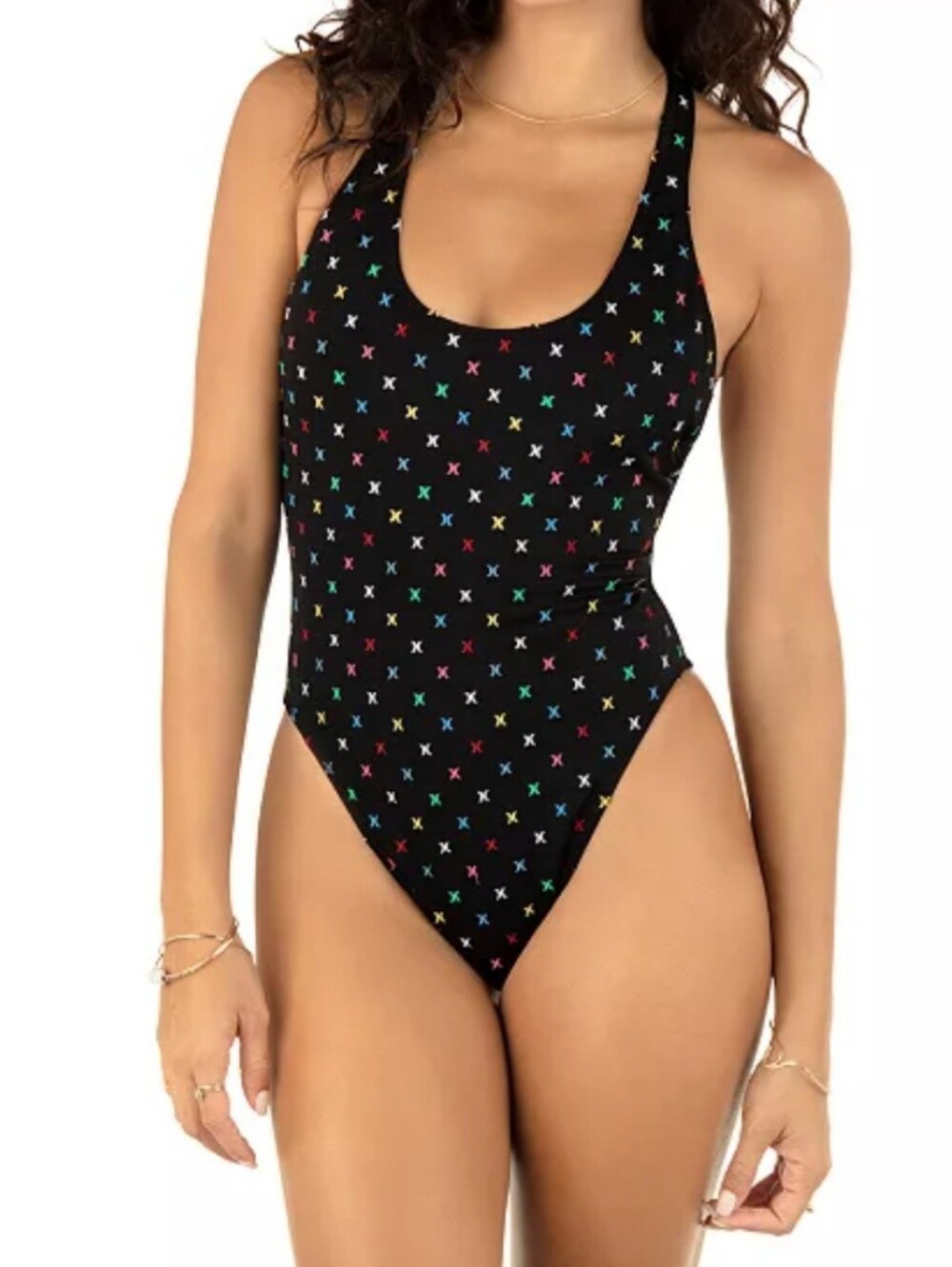 NWT Hurley Icon Cheeky Racerback One Piece Swimsuit Black Multicolor Logo XS